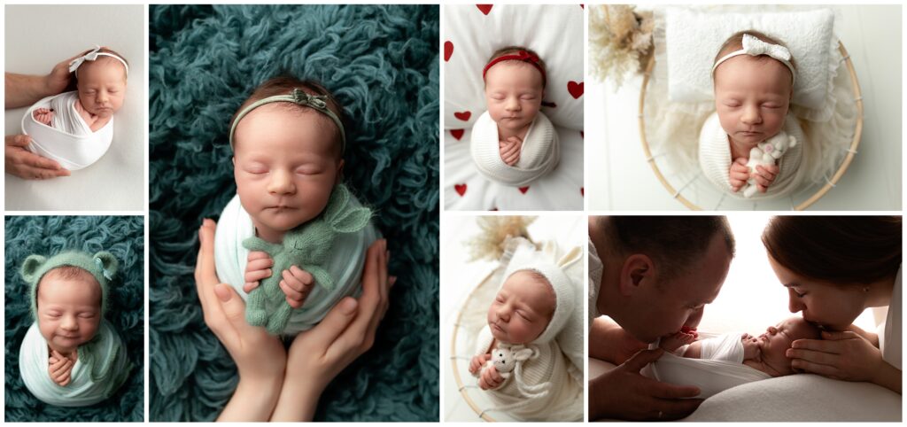 A collage of newborn photography featuring a peacefully sleeping baby in different cozy setups, wrapped in soft pastel and white fabrics. The baby is adorned with delicate accessories such as headbands and knitted bonnets. One image includes a tender family moment with parents kissing their newborn.